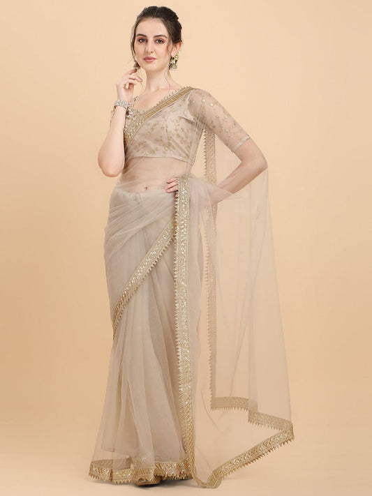 Inddus Off White Gold-Toned Sequinned Net Saree - Inddus.com