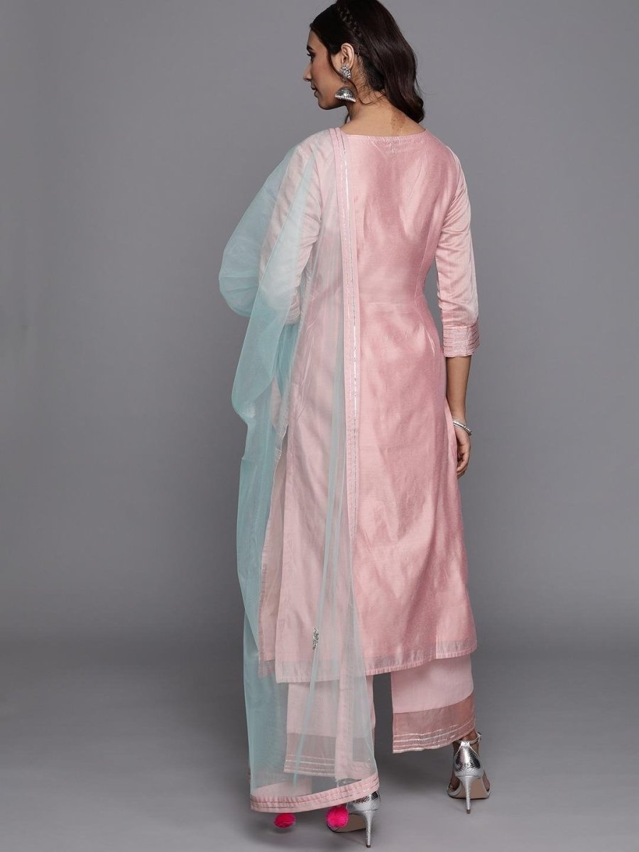 Inddus Peach-Coloured & Green Striped Kurta with Palazzos & Dupatta - inddus-us