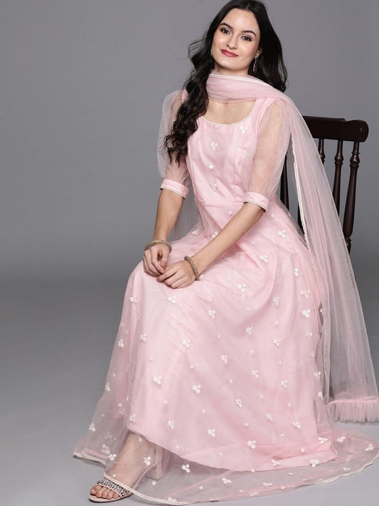 Inddus Pink Embroidered Net Anarkali Kurta With Dupatta - Inddus.com