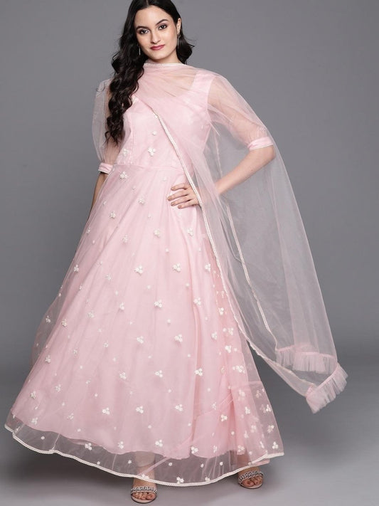 Inddus Pink Embroidered Net Anarkali Kurta With Dupatta - Inddus.com