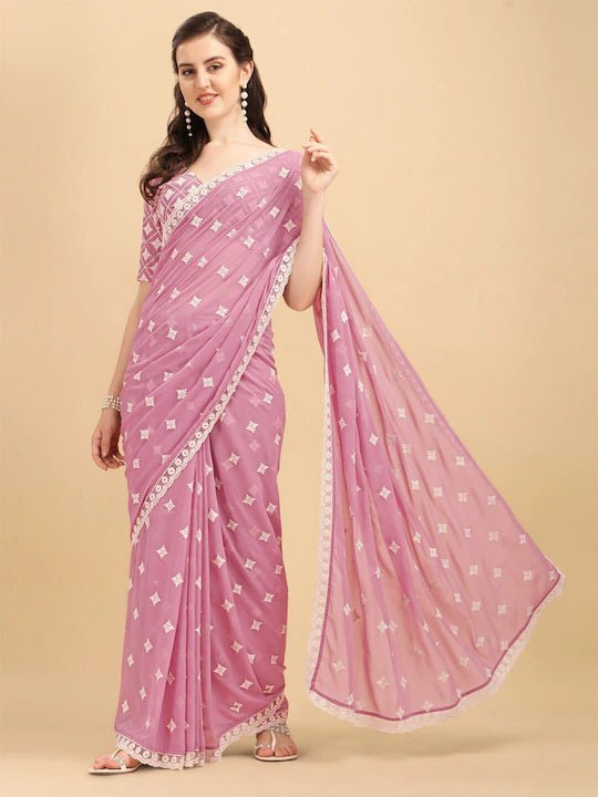 Inddus Pink Gold-Toned Floral Embroidered Saree - Inddus.com