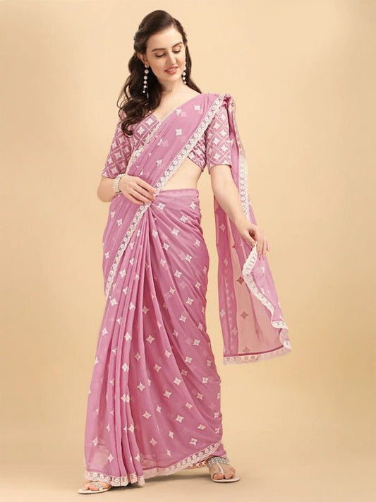 Inddus Pink Gold-Toned Floral Embroidered Saree - Inddus.com