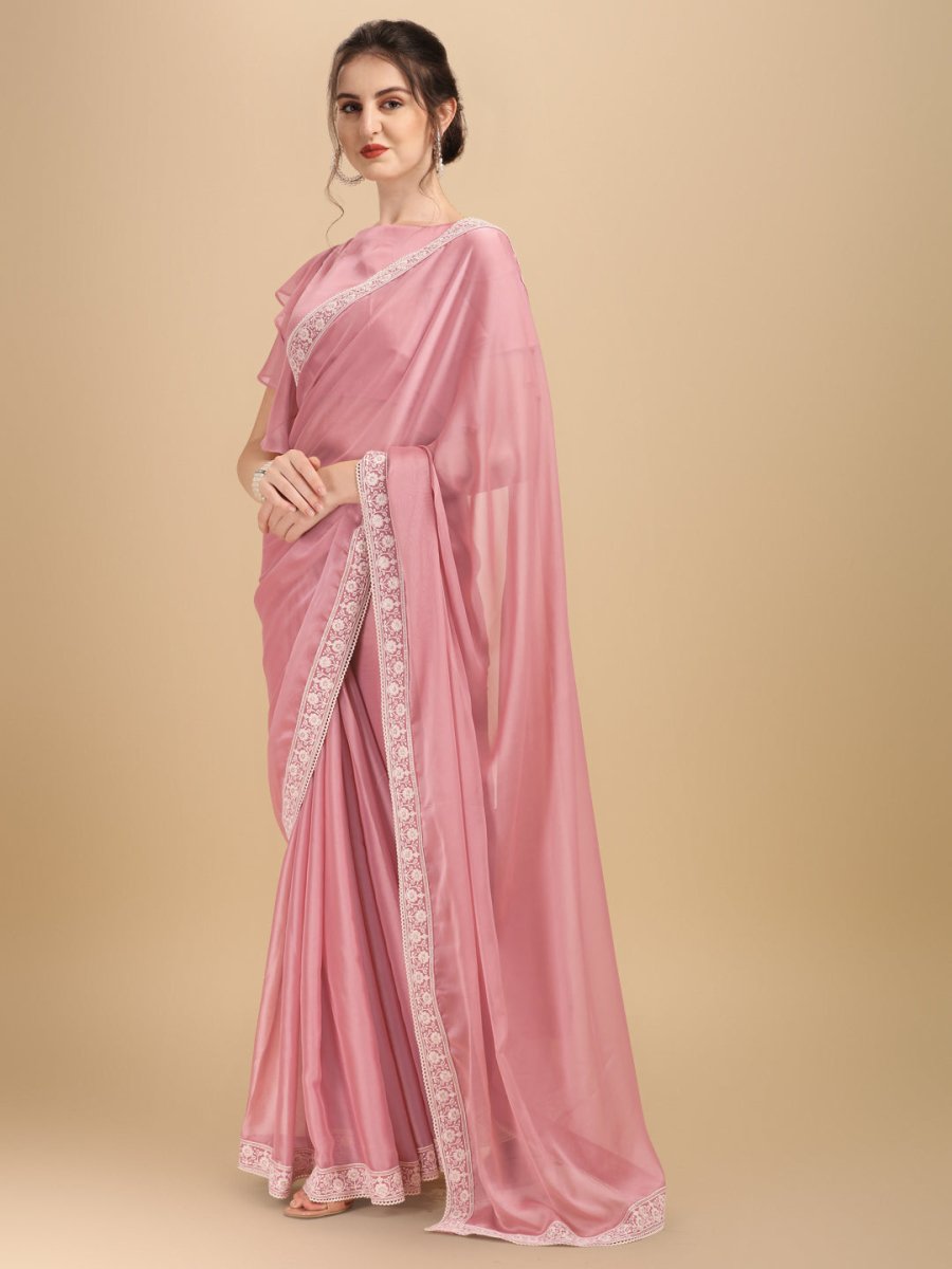 Inddus Pink White Embroidered Silk Blend Saree - Inddus.com