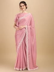 Inddus Pink White Embroidered Silk Blend Saree - Inddus.com