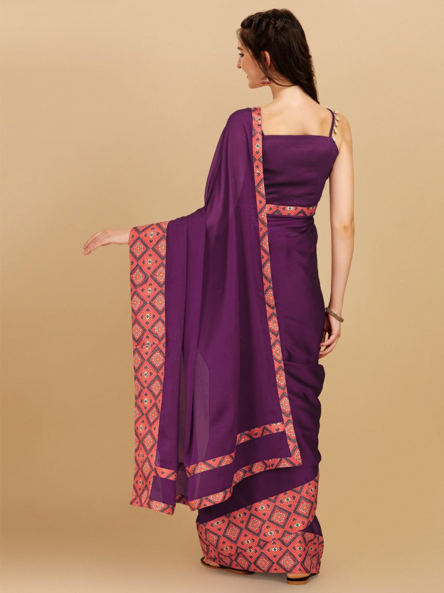 Inddus Purple Orange Embroidered Silk Blend Saree - Inddus.com