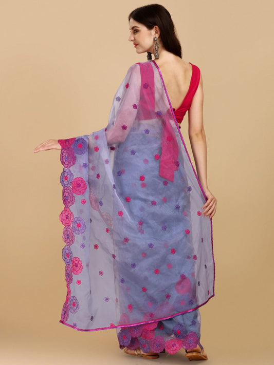 Inddus Purple Pink Floral Embroidered Organza Saree - Inddus.com