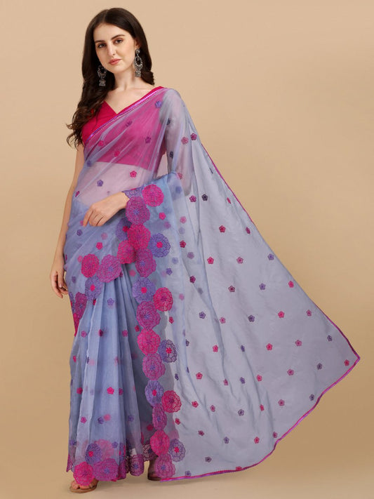 Inddus Purple Pink Floral Embroidered Organza Saree - Inddus.com