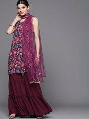 Inddus Purple Printed Kurta with Sharara & Dupatta - Inddus.com