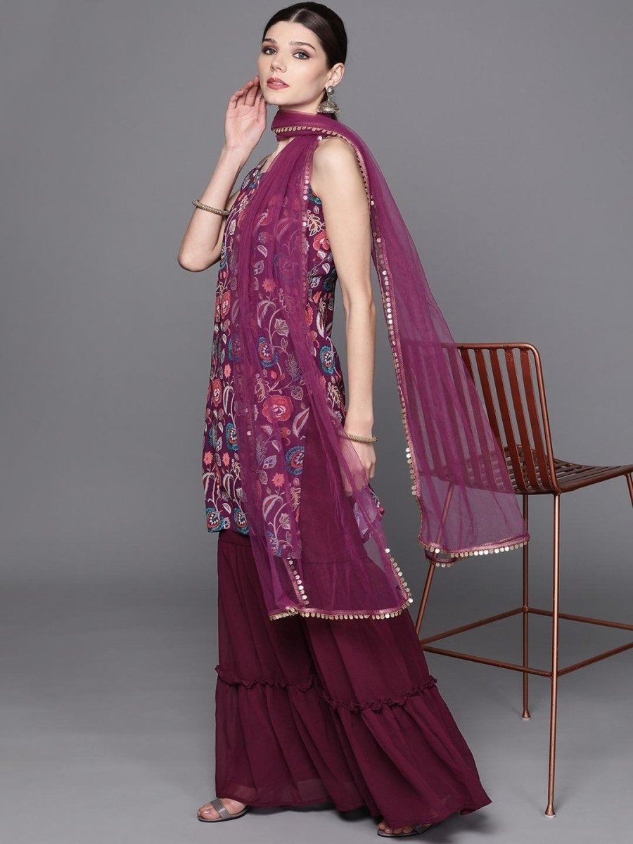 Inddus Purple Printed Kurta with Sharara & Dupatta - Inddus.com