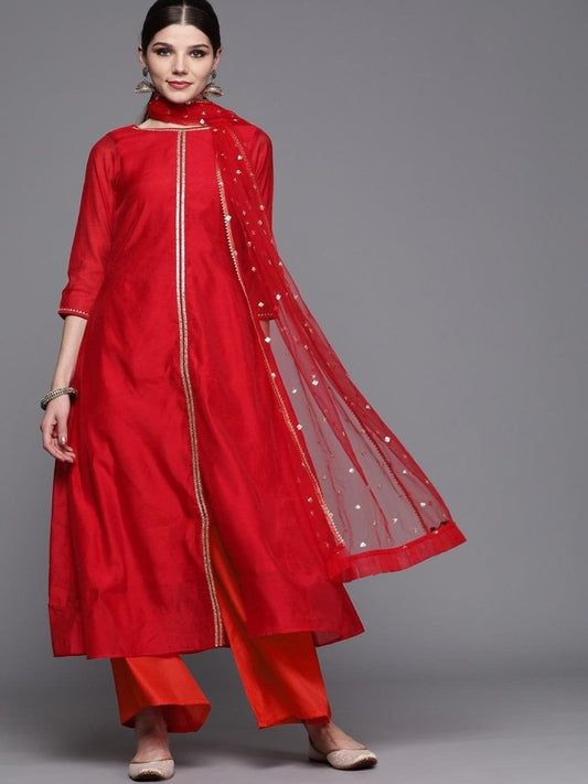 Inddus Red Chanderi Cotton Solid Kurta with Palazzos & Dupatta - Inddus.com