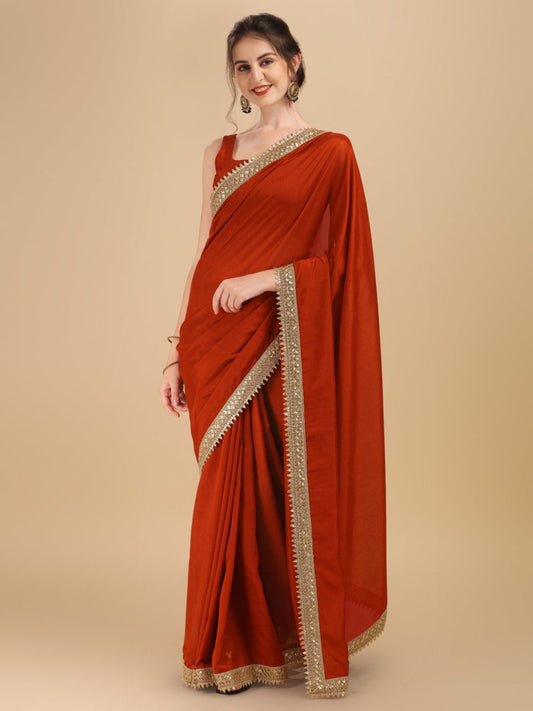 Inddus Rust Gold-Toned Zari Silk Blend Saree - Inddus.com