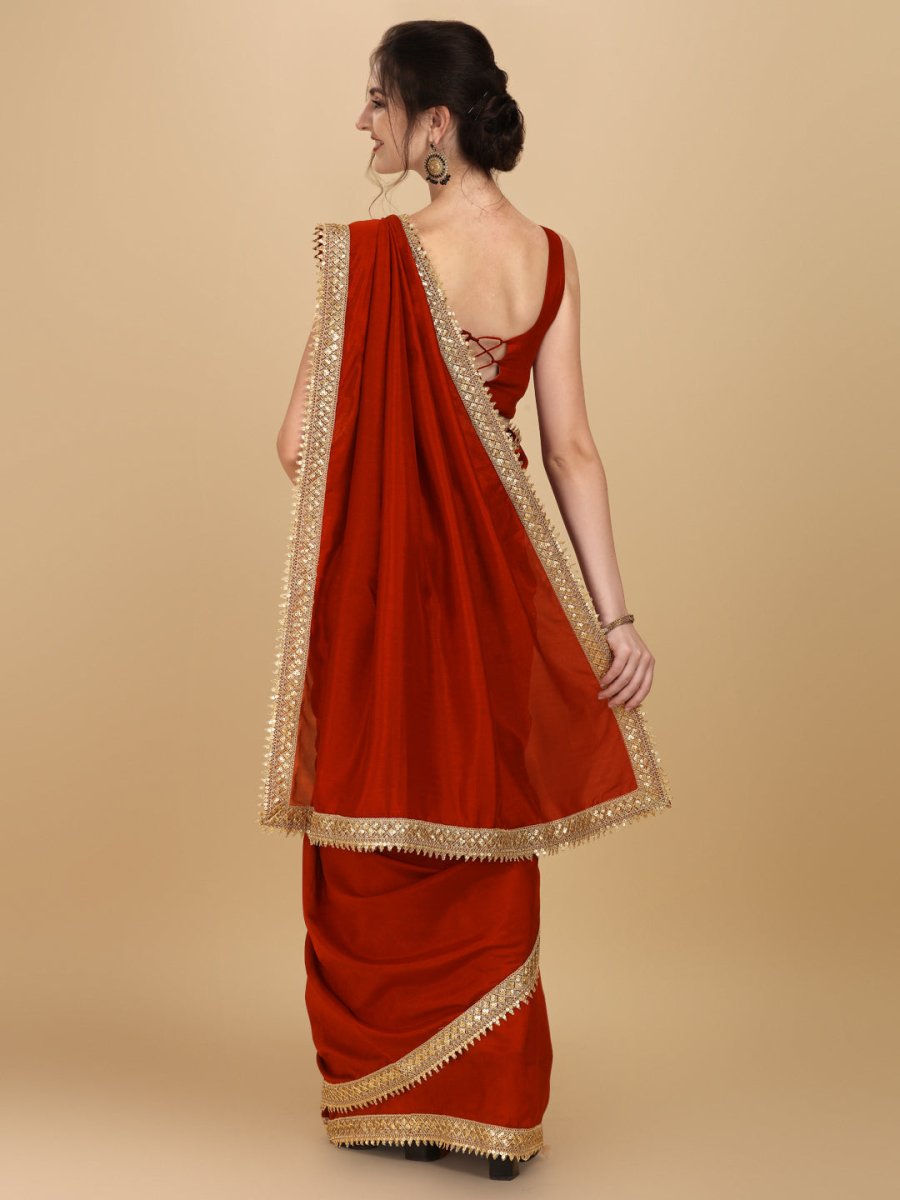 Inddus Rust Gold-Toned Zari Silk Blend Saree - Inddus.com