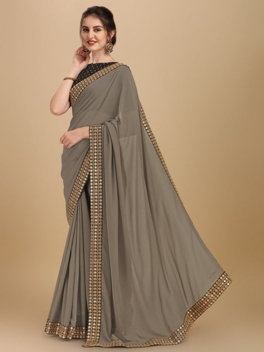 Inddus Taupe Sequinned Saree - Inddus.com