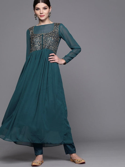 Inddus Teal Blue & Golden Yoke Design Kurta with Trousers - Inddus.com