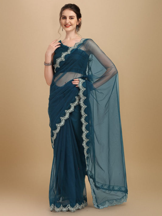 Inddus Teal Silver-Toned Embroidered Net Saree - Inddus.com