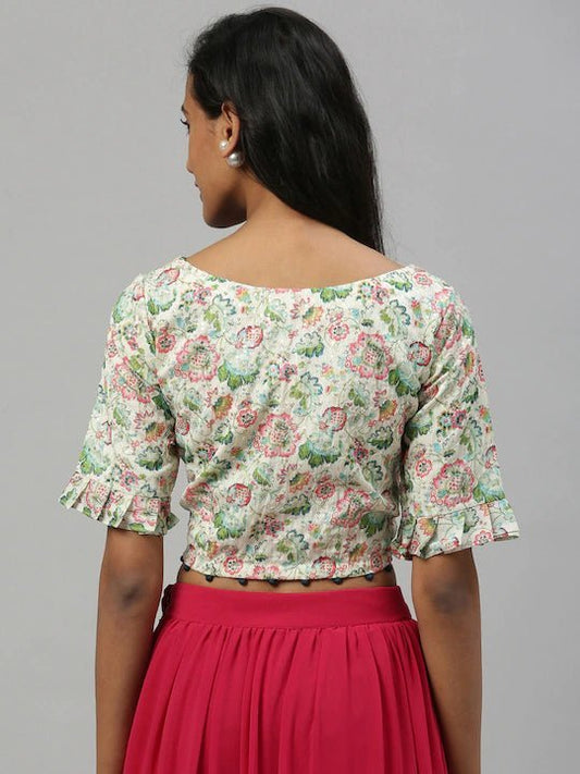 Inddus Women Cream-Coloured Green Floral Printed Ethnic Crop Top - Inddus.com