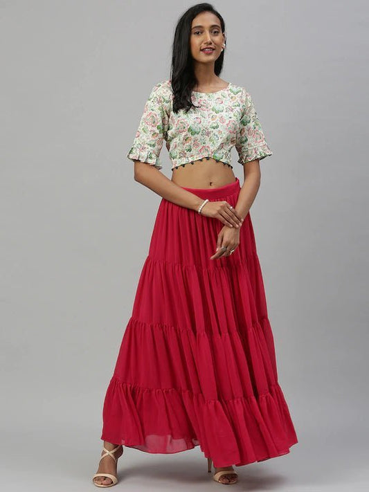 Inddus Women Cream-Coloured Green Floral Printed Ethnic Crop Top - Inddus.com