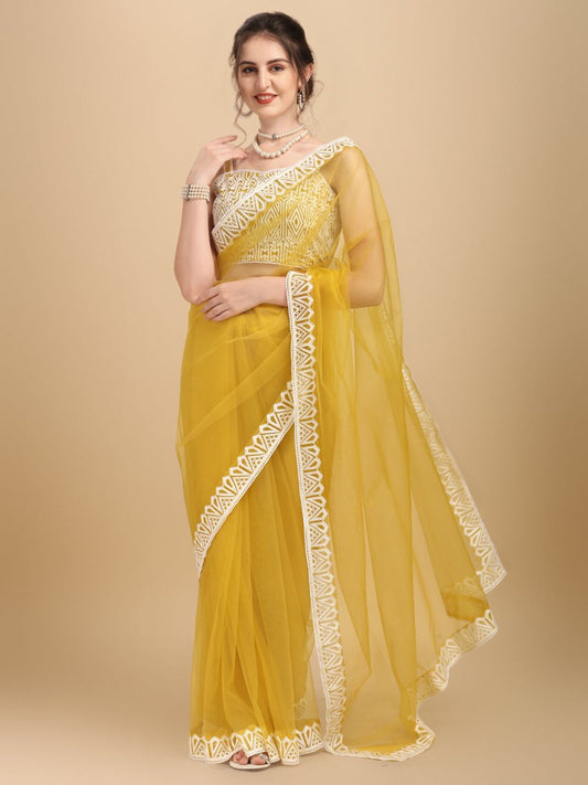 Inddus Yellow White Embroidered Net Saree - Inddus.com