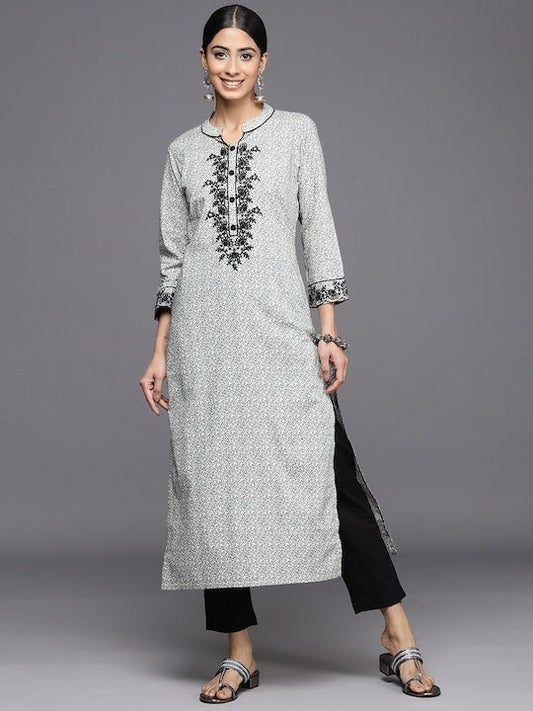 InddusFloral Embroidered Regular Chikankari Pure Cotton Kurta With Trousers - Inddus.com