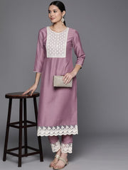 InddusFloral Yoke Design Regular Thread Work Kurta With Trousers - Inddus.com