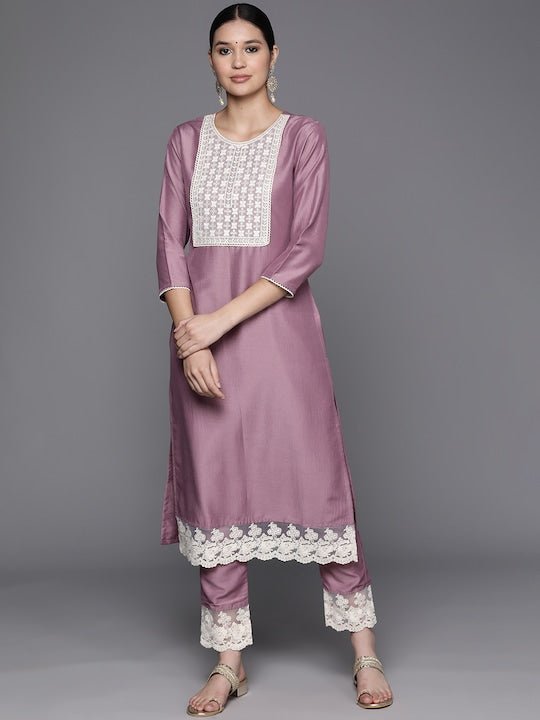 InddusFloral Yoke Design Regular Thread Work Kurta With Trousers - Inddus.com