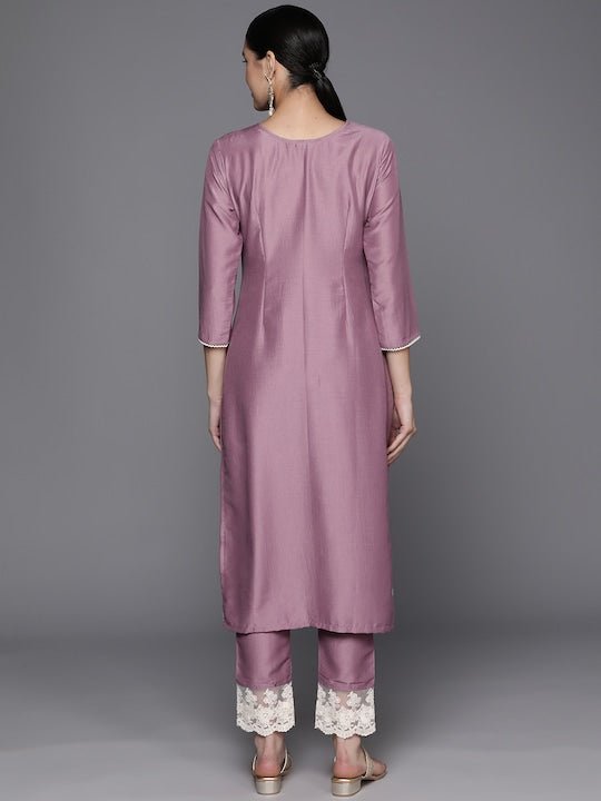 InddusFloral Yoke Design Regular Thread Work Kurta With Trousers - Inddus.com