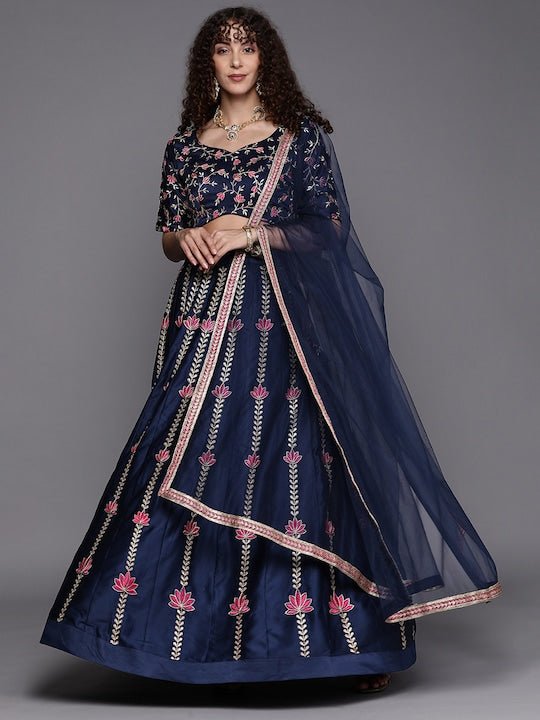 Indduss Floral Zari Embroidered Unstitched Lehenga & Blouse With Dupatta - Inddus.com