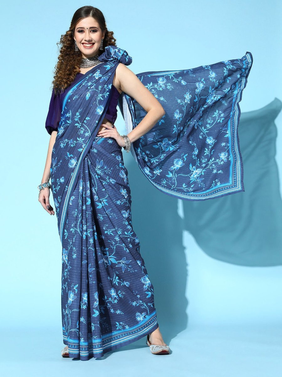 Indigo Embroidered Georgette Saree with Blouse Piece - Inddus.com