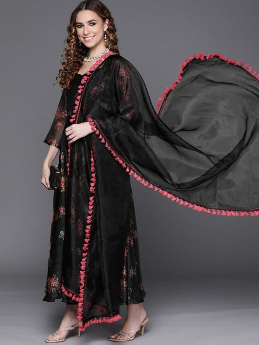 irresistible black organza printed kurta set