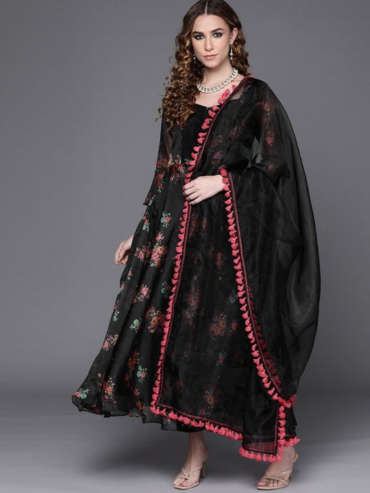 irresistible black organza printed kurta set