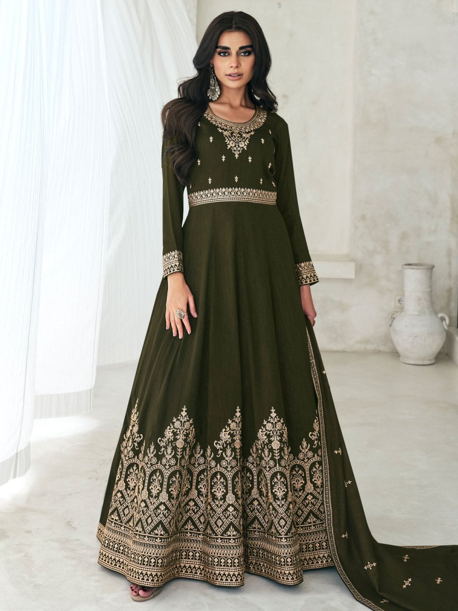 Shop Ravishing Irresistible Mehdi Green Silk Anarkali Suit Online ...