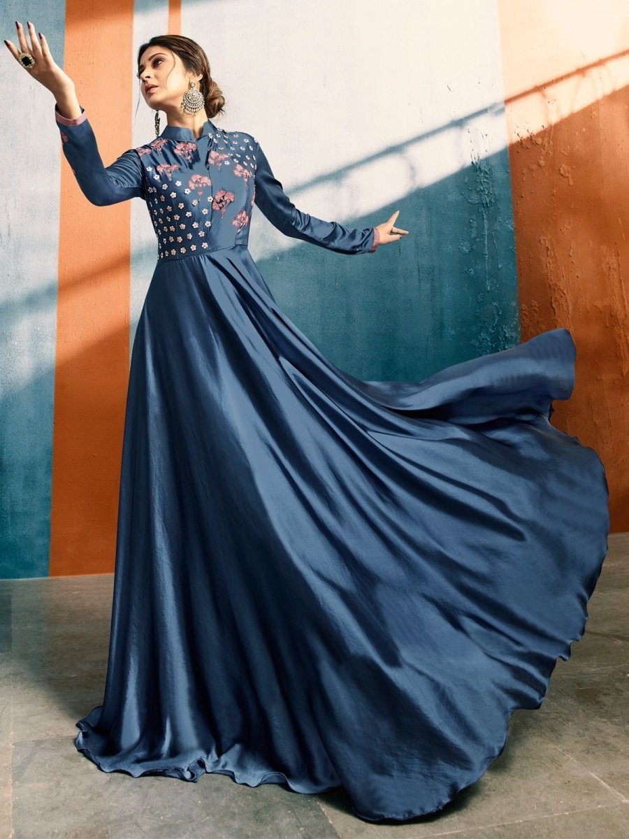 Buy Bollywood Diva Jennifer Winget Style Blue Satin Silk Gown Inddus