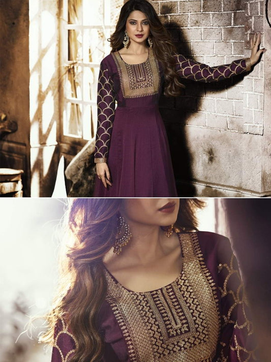 Jennifer Winget Wine Silk Georgette Anarkali Suit - inddus-us