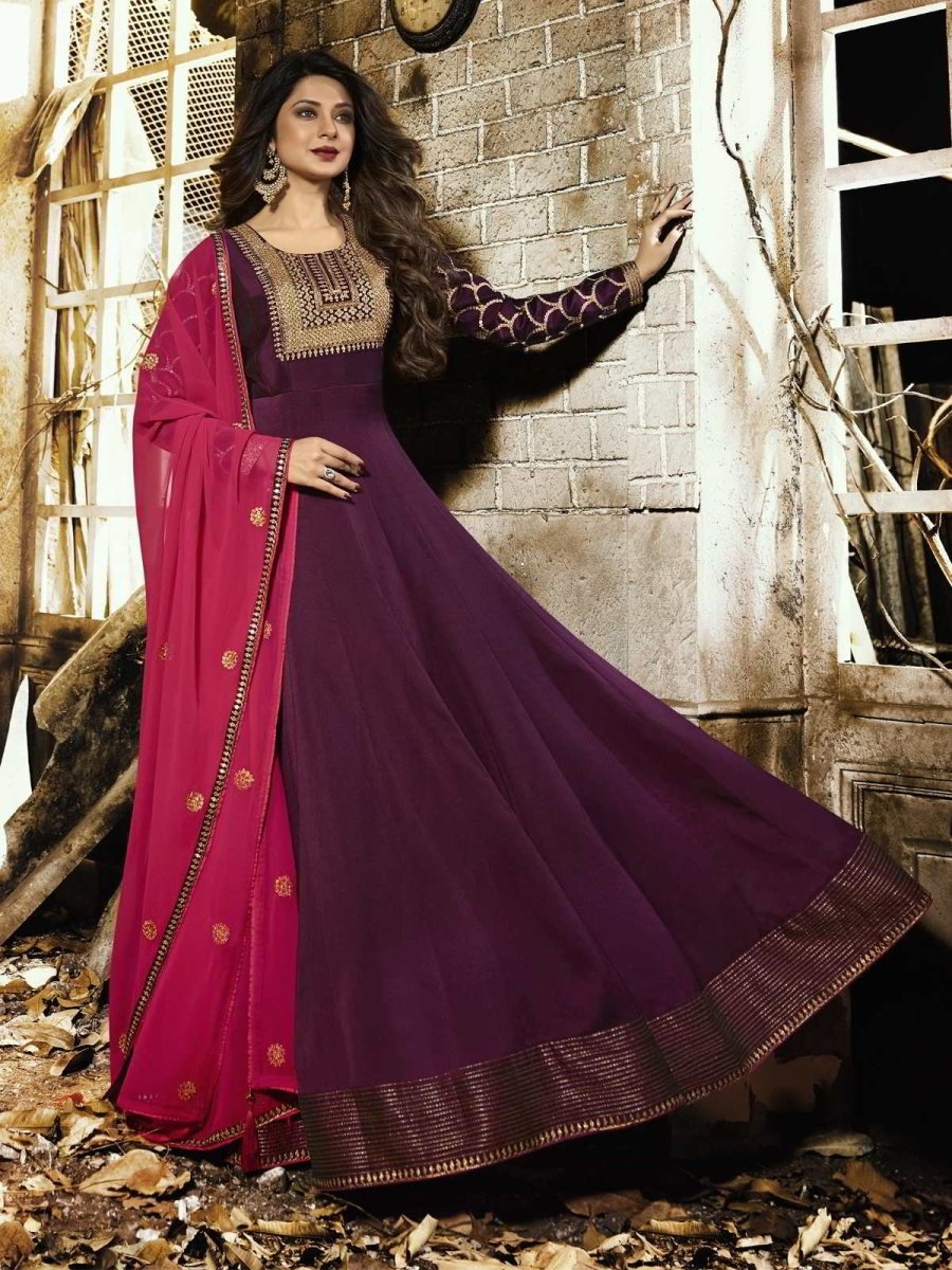 Jennifer Winget Wine Silk Georgette Anarkali Suit - inddus-us