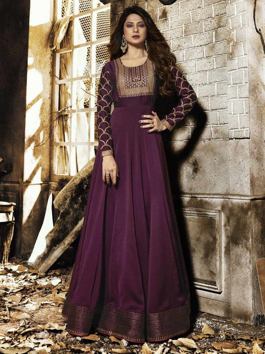 Jennifer Winget Wine Silk Georgette Anarkali Suit - inddus-us