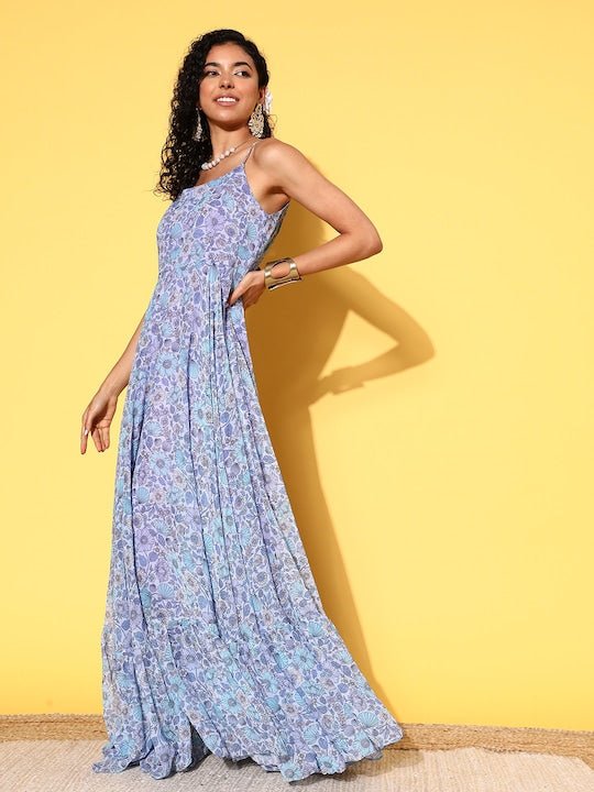 Lavender & Blue Floral Chiffon Maxi Dress With Net Jacket - Inddus.com