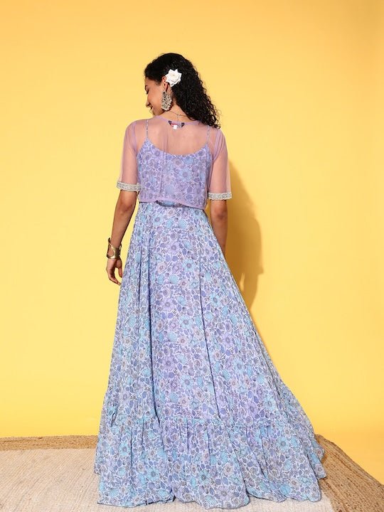 Lavender & Blue Floral Chiffon Maxi Dress With Net Jacket - Inddus.com