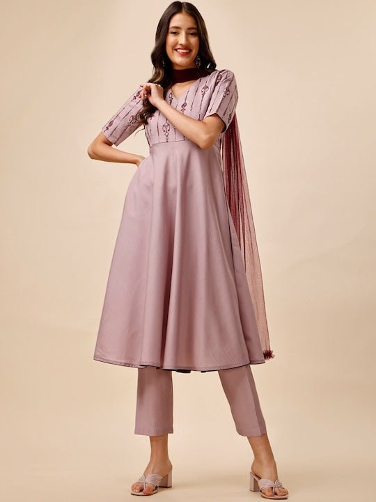 Lavender Ethnic Embroidered Chanderi Cotton A-Line Kurta & Trousers With Dupatta - Inddus.com