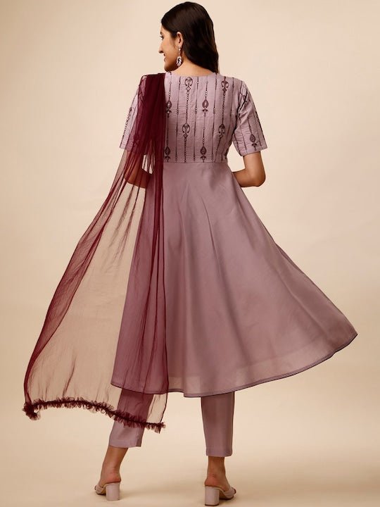 Lavender Ethnic Embroidered Chanderi Cotton A-Line Kurta & Trousers With Dupatta - Inddus.com