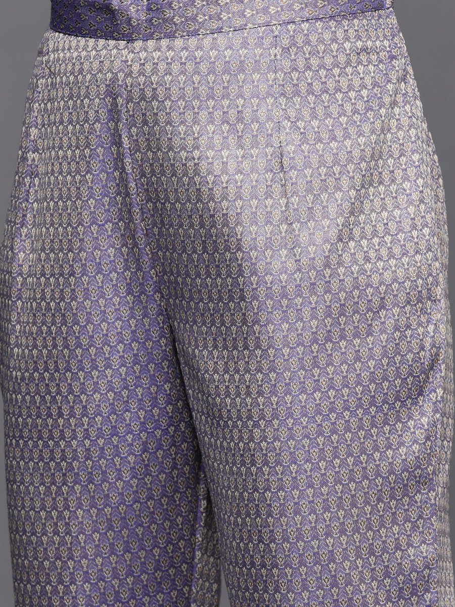 Lavender & Gold-Toned Banarasi Cotton Unstitched Dress Material - Inddus.com