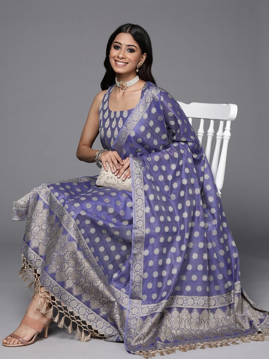 Lavender & Gold-Toned Banarasi Cotton Unstitched Dress Material - Inddus.com