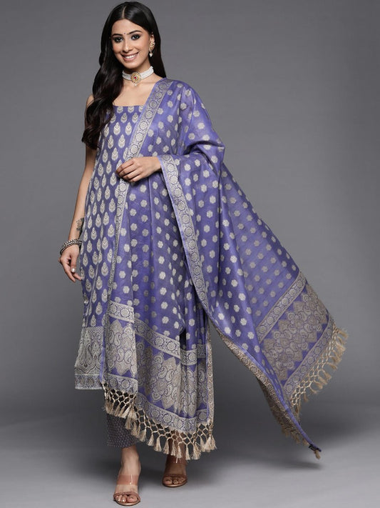 Lavender & Gold-Toned Banarasi Cotton Unstitched Dress Material - Inddus.com