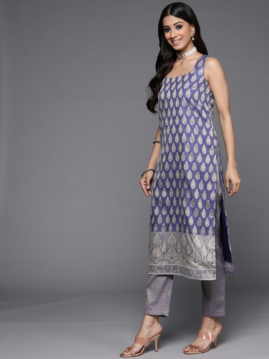 Lavender & Gold-Toned Banarasi Cotton Unstitched Dress Material - Inddus.com