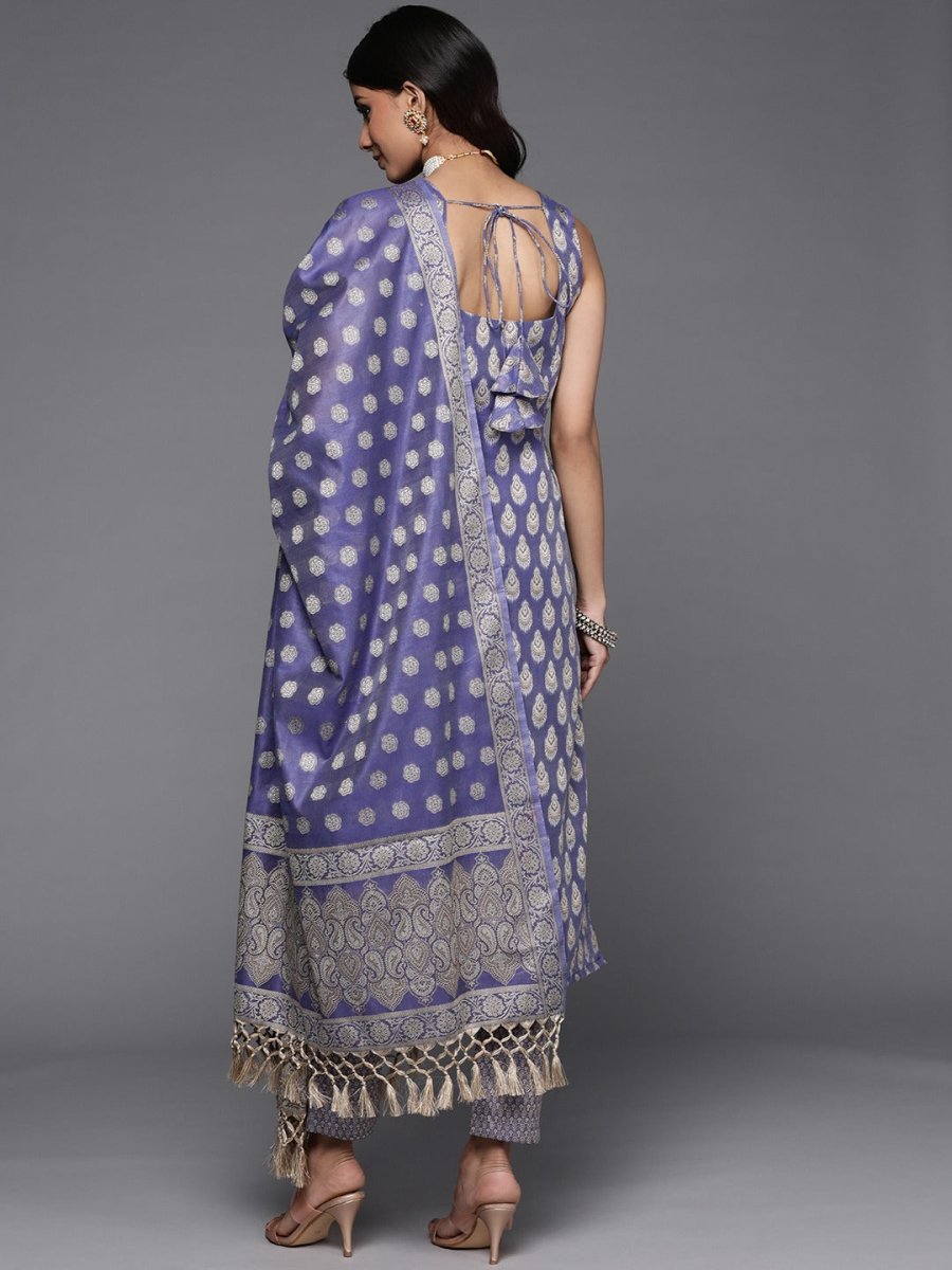 Lavender & Gold-Toned Banarasi Cotton Unstitched Dress Material - Inddus.com