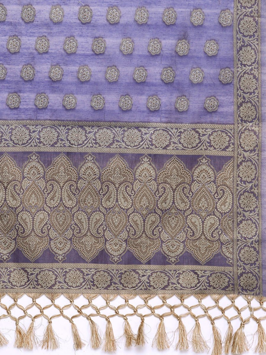 Lavender & Gold-Toned Banarasi Cotton Unstitched Dress Material - Inddus.com