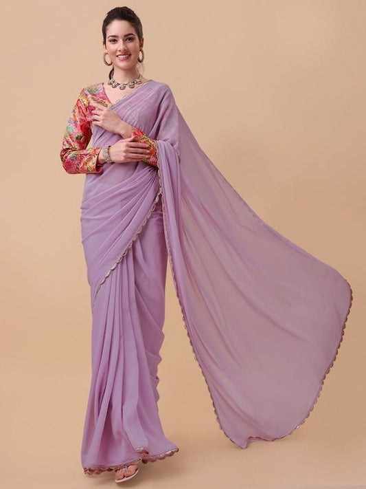 Lavender & Gold-Toned Embroidered Saree - Inddus.com