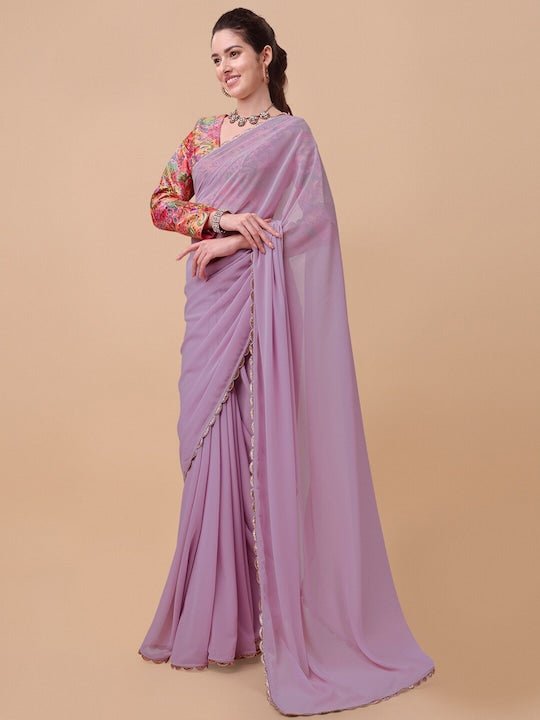 Lavender & Gold-Toned Embroidered Saree - Inddus.com