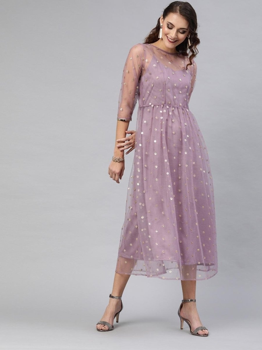 Lavender Net Embroidered Fit & Flared Gown - inddus-us