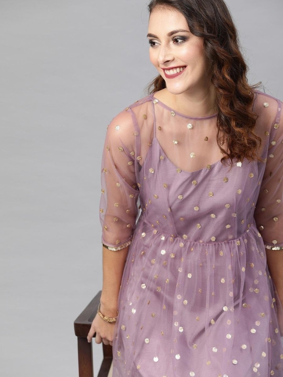 Lavender Net Embroidered Fit & Flared Gown - inddus-us