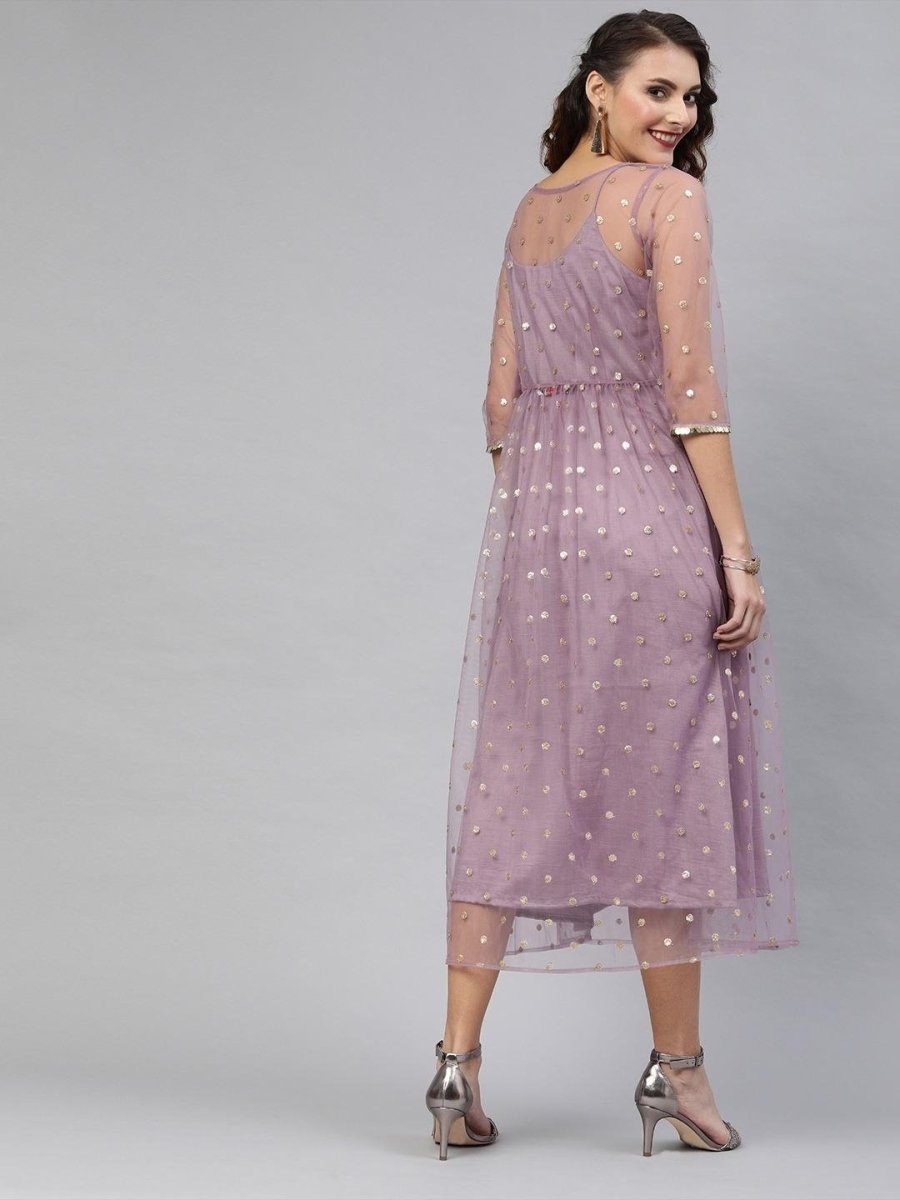 Lavender Net Embroidered Fit & Flared Gown - inddus-us